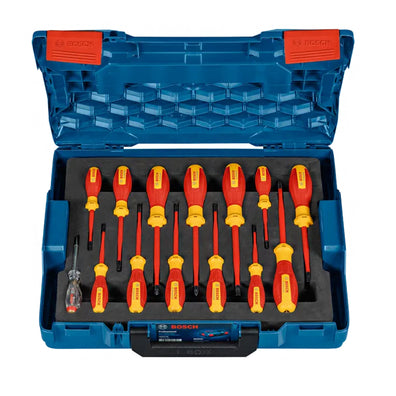 Bosch Professional 14pcs VDE Phillips / Slotted (Flat) / Pozidriv / Torx Screwdriver Set with Phase Tester (1600A02NF9)