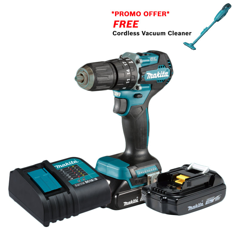 *PROMOTION* Makita DHP487SYX2 Cordless Brushless Hammer Driver Drill 13mm (1/2″) 18V LXT® Li-Ion Kit Set (Free Impact Driver, Impact Wrench, or Vacuum Cleaner)