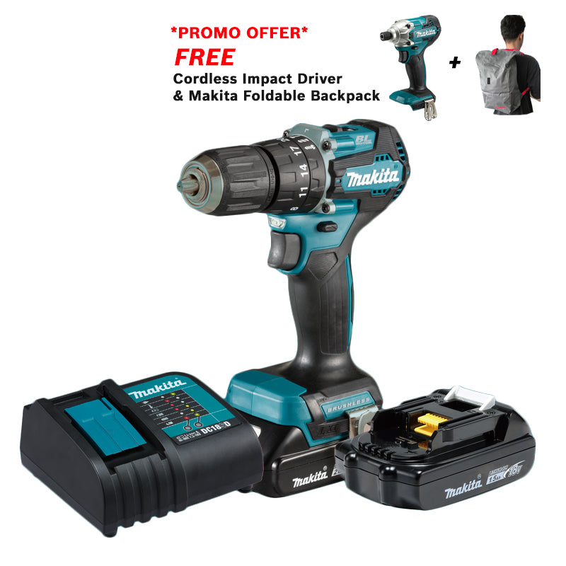 *PROMOTION* Makita DHP487SYX2 Cordless Brushless Hammer Driver Drill 13mm (1/2″) 18V LXT® Li-Ion Kit Set (Free Impact Driver, Impact Wrench, or Vacuum Cleaner)