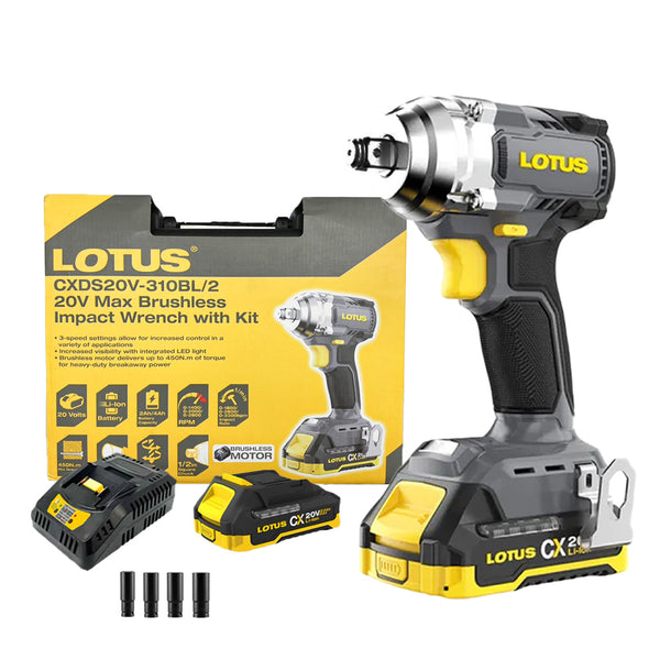 Lotus CXDS20V-310BL/2 Brushless Cordless 1/2" Impact Wrench 20V Max Kit Set with 4pcs. Impact Socket Set