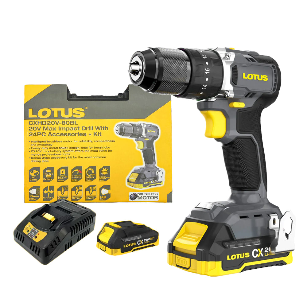 Lotus CXHD20V-80BL/2 Brushless Cordless Impact Drill 20V Max Kit Set with FREE CORDLESS IMPACT DRIVER or CORDLESS ANGLE GRINDER