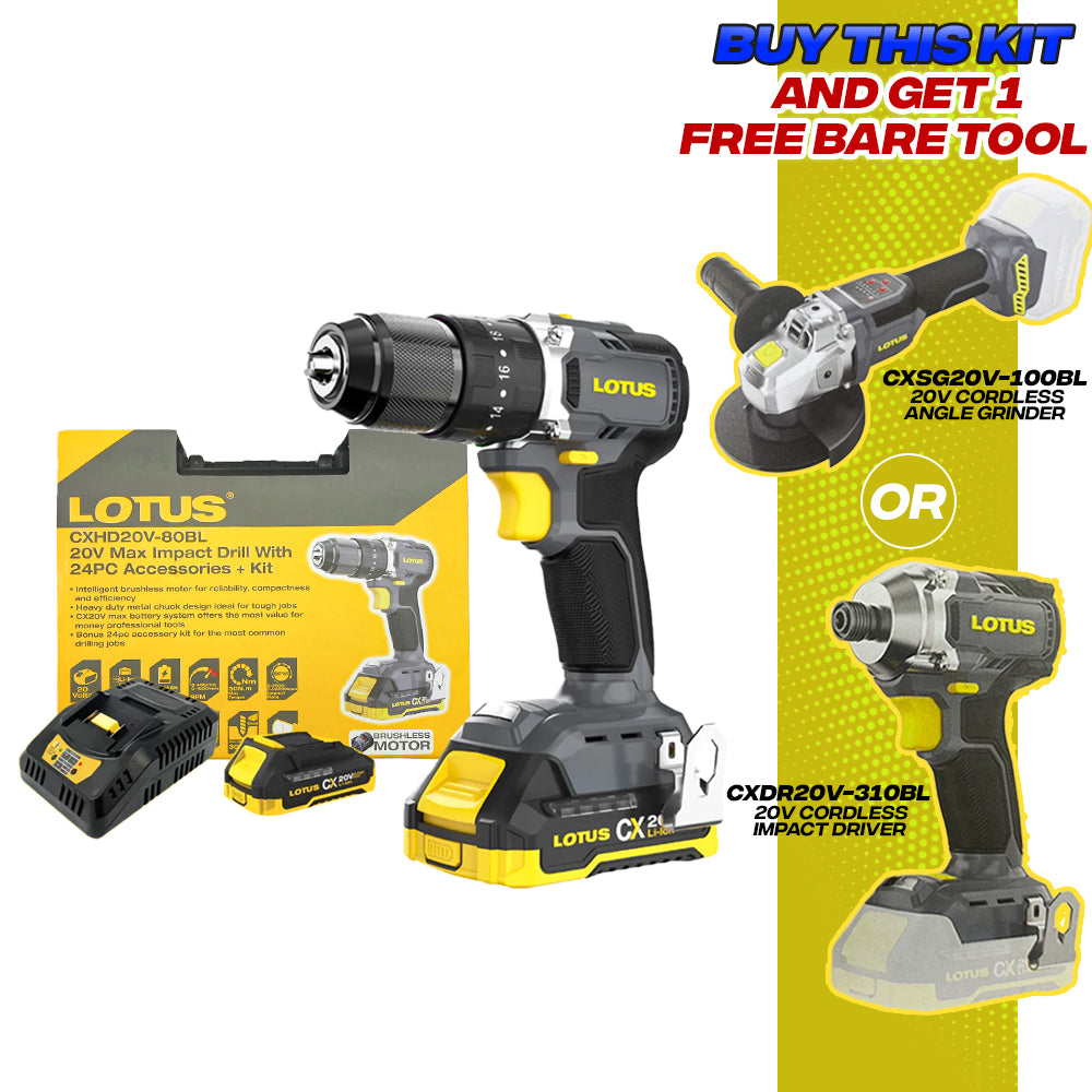 Lotus CXHD20V-80BL/2 Brushless Cordless Impact Drill 20V Max Kit Set with FREE CORDLESS IMPACT DRIVER or CORDLESS ANGLE GRINDER