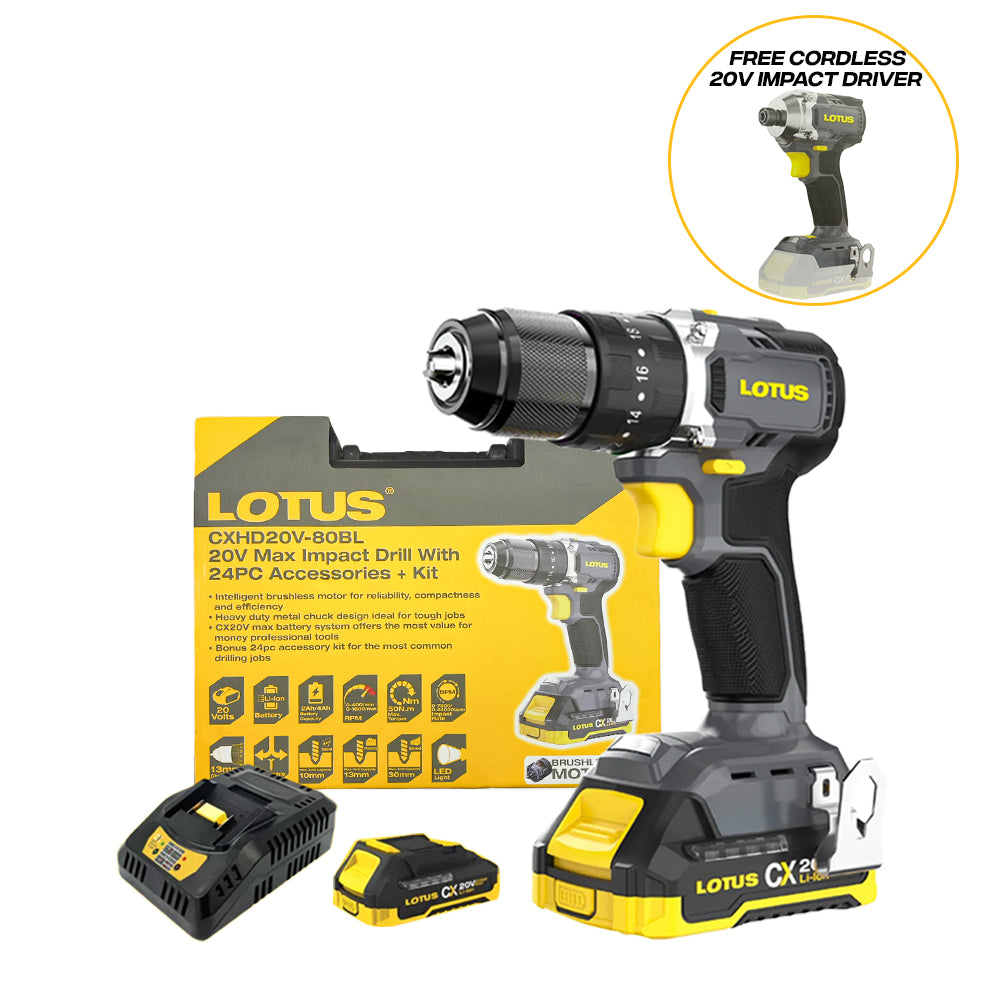 Lotus CXHD20V-80BL/2 Brushless Cordless Impact Drill 20V Max Kit Set with FREE CORDLESS IMPACT DRIVER or CORDLESS ANGLE GRINDER