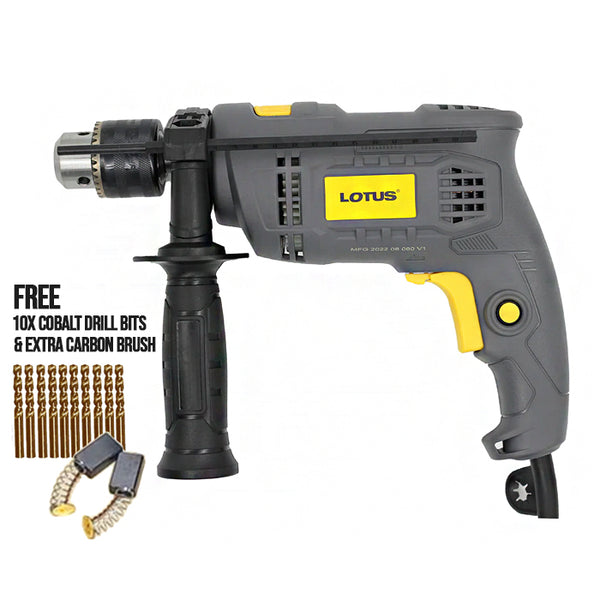 Lotus HD750X Impact Drill (13mm) with 10pcs Cobalt Drill Bits (1/8") and Extra Carbon Brush, 750W