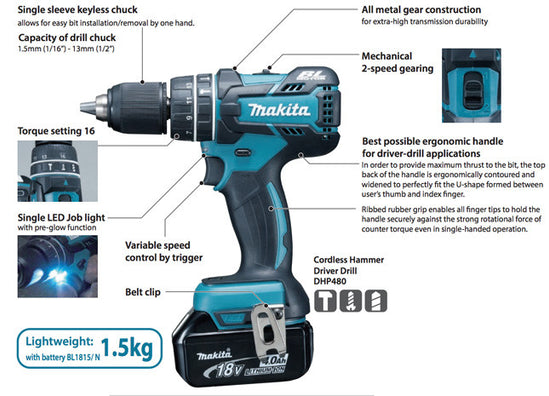 Makita DHP480RFE Cordless Hammer Driver Drill 1/2