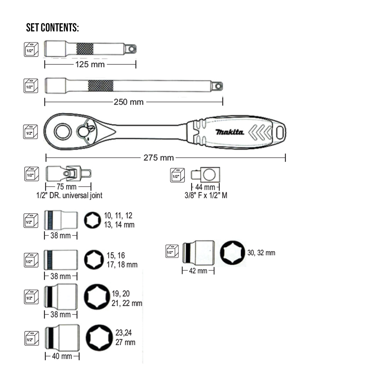 Makita B-65589 - 23pcs. 1/2″ Ratchet & Socket Set – GIGATOOLS ...