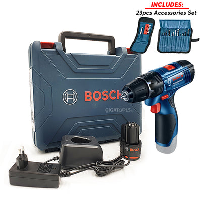 Bosch GSB 120-Li Cordless Hammer Drill 12V (1pc Li-ion Battery) kit with 23pcs Accessory set ( 06019G81K5 )