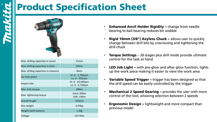 Makita HP333DWYE Cordless Hammer Driver Drill 3/8 Max12V CXT Kit Set