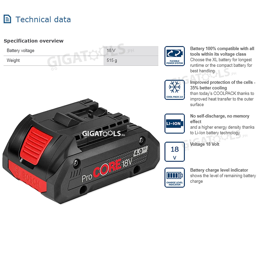 Bosch Starter Kit ProCORE18V 4.0Ah Li-Ion Batteries and GAL 1880 CV Quick Charger ( 1 600 A01 6GF ) - GIGATOOLS.PH